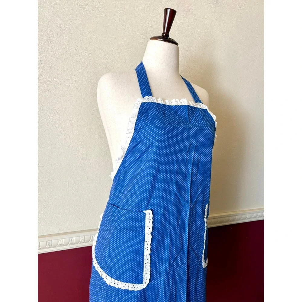 Handmade Blue Diamond Eyelet Lace Trim Bib Apron Pockets Retro Cottage 50s Style
